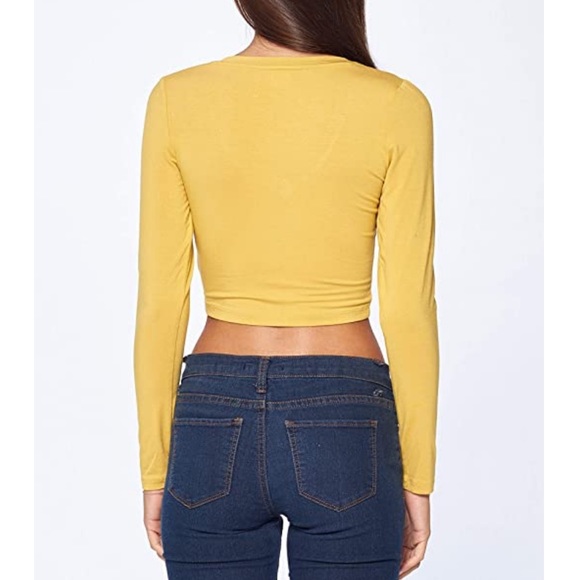 Mustard Sunny Yellow Long Sleeves V Neck Crop Top - Picture 3 of 4